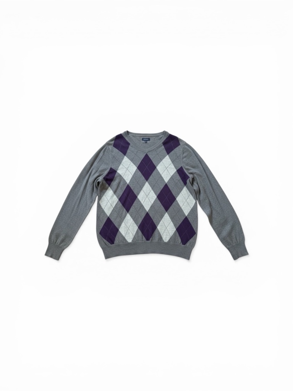 Croft and Barrow Grey Argyle Crewneck Sweater with Purple Accents